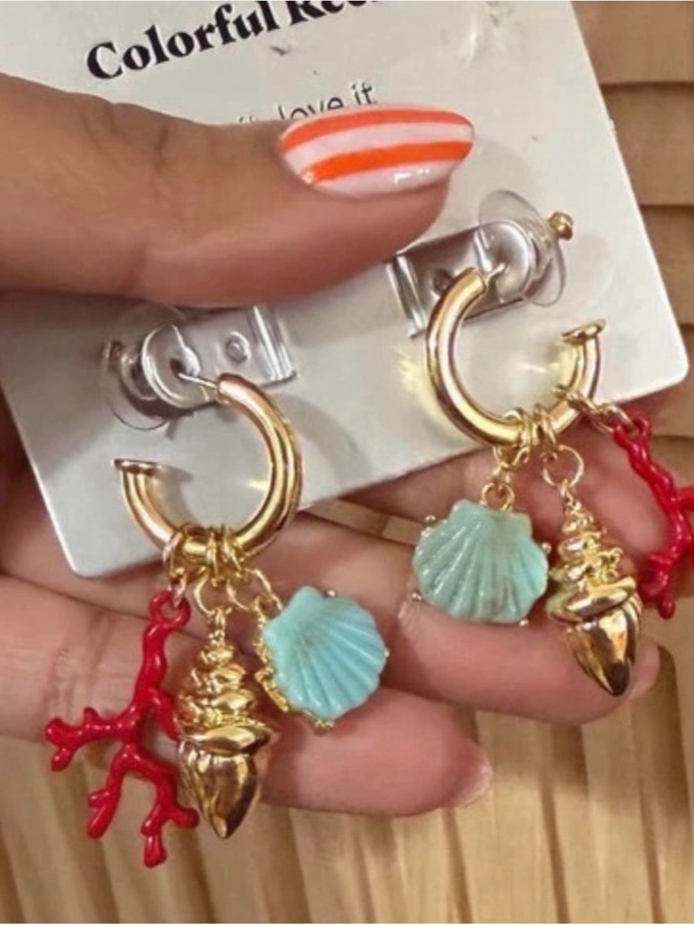 Gold Hoop Earrings with Mint Shell & Red Coral Charms
